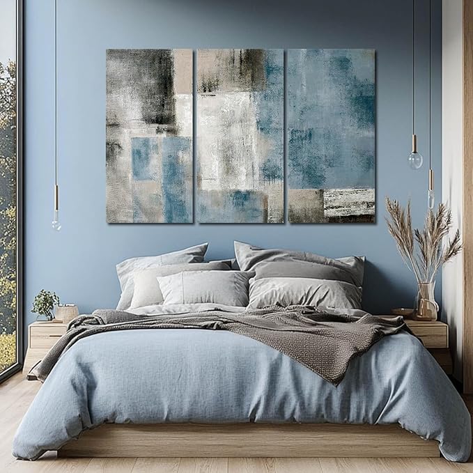 SDYA Abstract Canvas Wall Art Grey and Blue Wall Decor Modern Canvas Painting 20"x40"x3p Decorations for Bedroom Office Artwork
