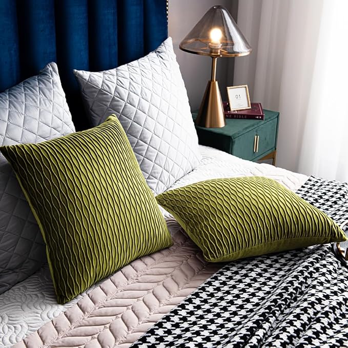 22x22 Moss Green Throw Pillow Cases: 2 Pack Original Striped Velvet Square Decorative Pillow Covers for Farmhouse Couch