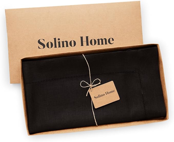 Solino Home Black Linen Tablecloth 52 x 52 Inch - 100% Pure Linen Square Table Throw - Classic Hemstitch, Machine Washable Table Cloth for Fall, Autumn, Winter, Thanksgiving, Holiday