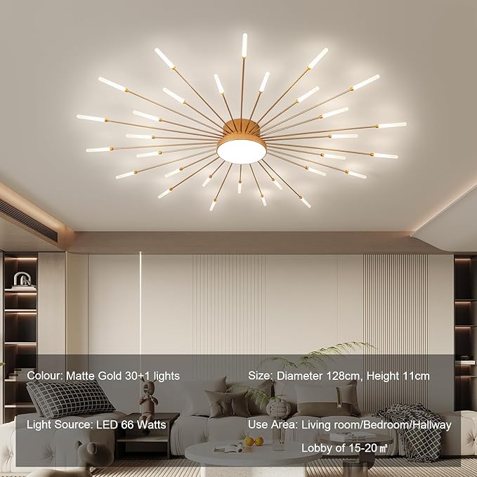 JAYMP Ceiling Light Modern Flower Shape Ceiling Lamp for Living Room Dining Room Flush Mount Metal Acrylic Sputnik Firework Petal LED Lighting Fixture (Matte Gold, 30+1 Lights)