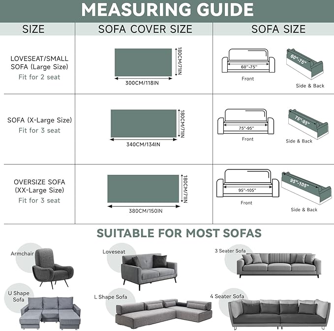 VClife Couch Cover Farmhouse Chic Sage Green Couch Covers for 3 Cushion Couch Sofa - Washable Chenille Sofa Cover for Living Room Office RV Bedroom (71"X134") Gift for Christmas Thanksgiving Birthday