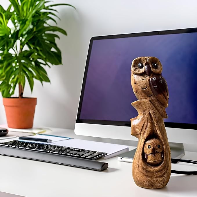 Handcrafted Wooden Owl Statue from Thailand, Solid Wood Sculpture Figurine for Home Decor, Rustic Natural Carving Ornament, for Living Room, Bedroom, or Office