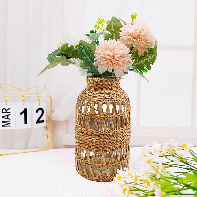 Straw Woven Glass Vase 6.29''x1.77''x3.15''Boho Glass Flower Vase Country Rustic Style Vase Glass Vase for Floral Arrangements Housewarming Party Home Decor (C Style 6.29IN)