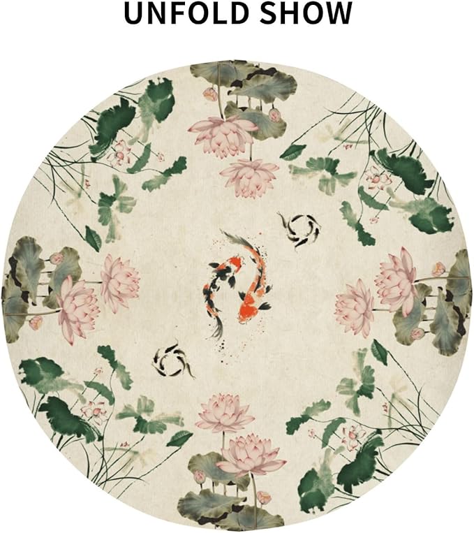 Chinese Tablecloth, Traditoanl Landscape Lotus Floral Oriental Koi Vintage Ink Painting Japanese Water Resisitant Table Cover for Dining Kitchen Living Room Home Party Holiday Decor 60 inch Round