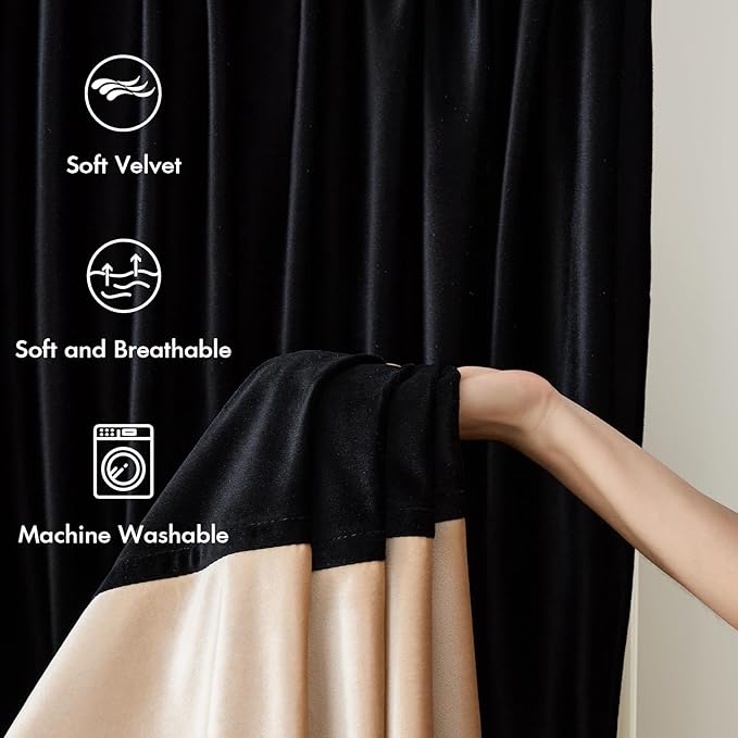 Velvet Curtains 84 inches Long for Living Room Black Champagne Beige,2 Panels Blackout Curtains Modern Color Block Back Tab Rod Pocket Soundproof Drapes for Bedroom Window Decor