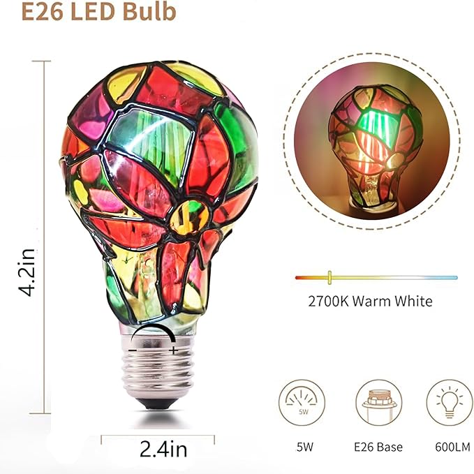 Dimmable Stained Glass LED Light Bulb,E26 Base Warm Light 2700K 5 Watts A19/A60 LED Light Bulbs,Sunflower Tiffany Lamp for Bedside Living Room Dormitory Dining Room Decorate Gift 2Pack