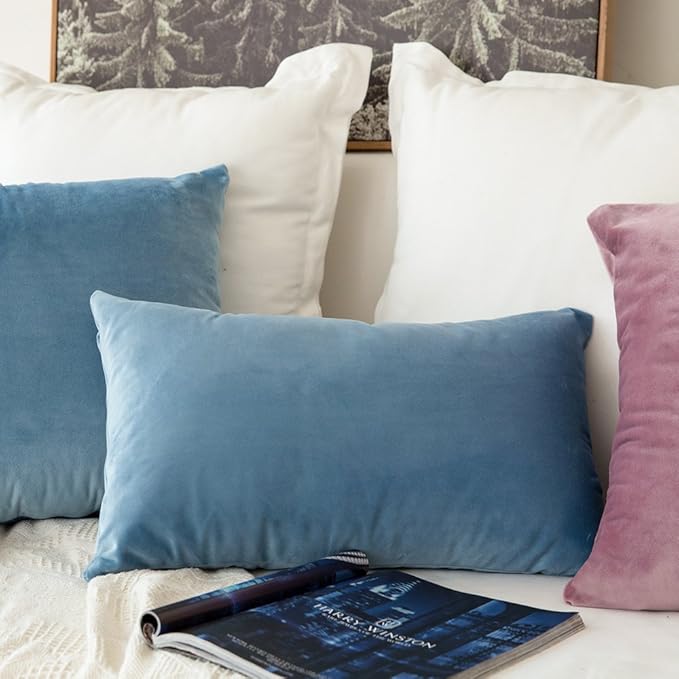MIULEE Velvet Throw Pillow Covers 12x20 Inch Pack of 2,Soft Solid Decorative Lumbar Pillowcases Modern Luxury Home Decor for Bed Couch Sofa Bedroom Livingroom,Blue Gray