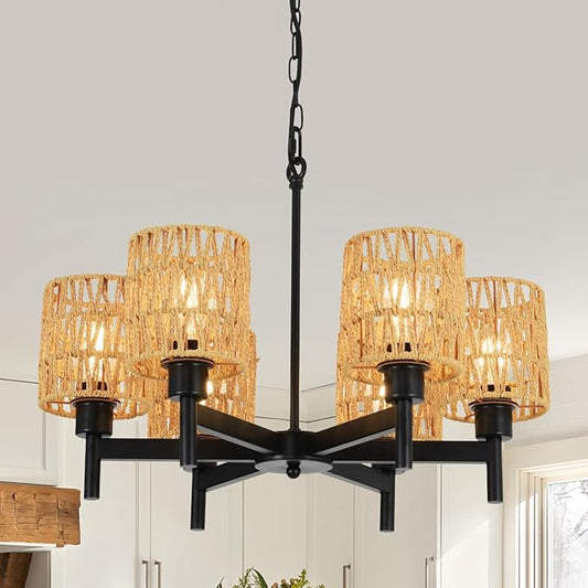 6-Light Boho Rattan Chandeliers for Dining Room Black Farmhouse Pendant Lights Kitchen Island Adjustable Height Rustic Chandelier for Living Room Bedroom Entryway Foyer E26 Base
