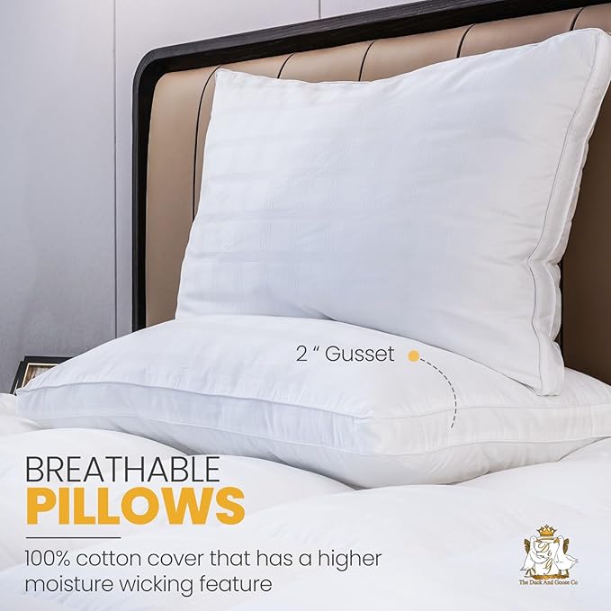 Down Alternative Pillows for Sleeping Plush (2 Pack Queen), 100% Cotton Cover Best Hotel Bed Pillows with 2" Gusset, Sleeping Pillow by The Duck and Goose Co