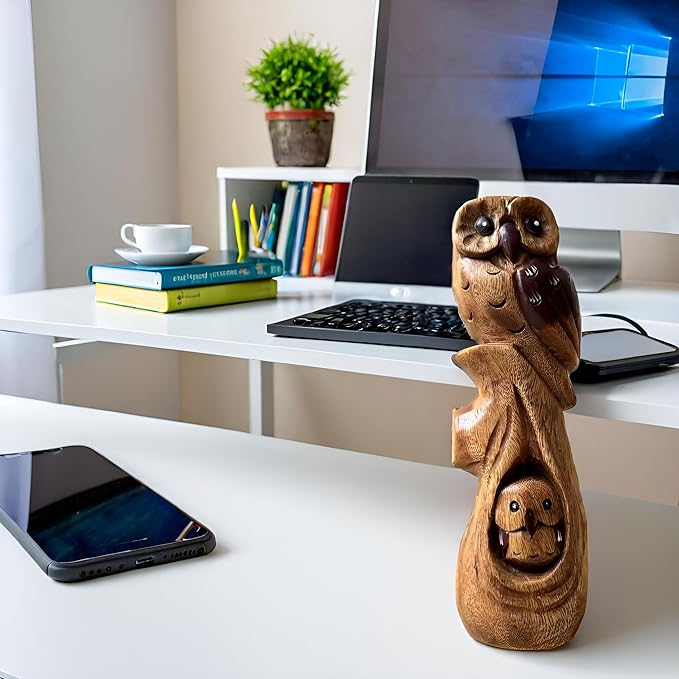 Handcrafted Wooden Owl Statue from Thailand, Solid Wood Sculpture Figurine for Home Decor, Rustic Natural Carving Ornament, for Living Room, Bedroom, or Office