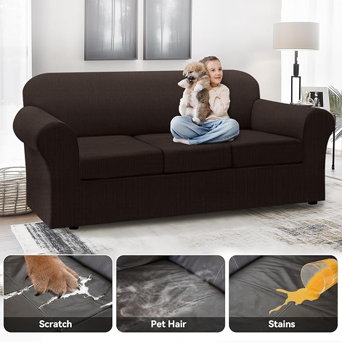 100% Waterproof Extra Large Couch Cover 4-Piece Set Striped Sofa Slipcovers for 3 Cushion Couch Covers with TPU Leakproof Bottom Stretch Protector Pet Proof - Sofa(3-Cushion), Coffee