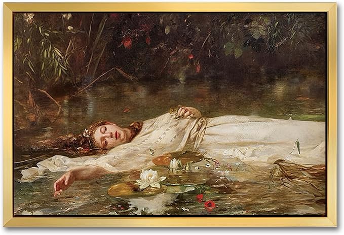 AIMAILON Vintage Gold Canvas Wall Art Framed Decor for Study Room Bedroom Classical Relaxing Young Lady Picture Victorian Summer Pond Lotus Background Artwork Desktop Home Decoration 16x24