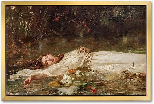 AIMAILON Vintage Gold Canvas Wall Art Framed Decor for Study Room Bedroom Classical Relaxing Young Lady Picture Victorian Summer Pond Lotus Background Artwork Desktop Home Decoration 16x24