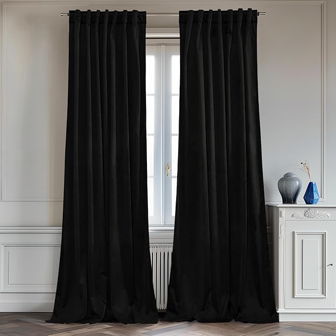 StangH Blackout Velvet Curtains for Sliding Door Back Tab Black Thermal Insulated Curtain Panels 96 inches Long Backdrop Curtains for Studio/Theater, W62 x L96, 2 Panels