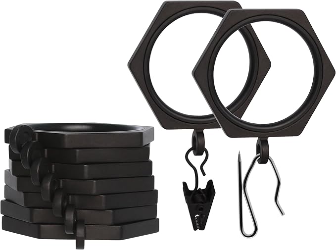 BlastHome® Luxury Curtain Rings - Premium Metal with Quiet, Smooth Nylon Inserts - Pinhooks and Clips Included - 1 1/2" Inside Diameter - 9 Rings for One Standard Curtain - Brushed Dark Brown