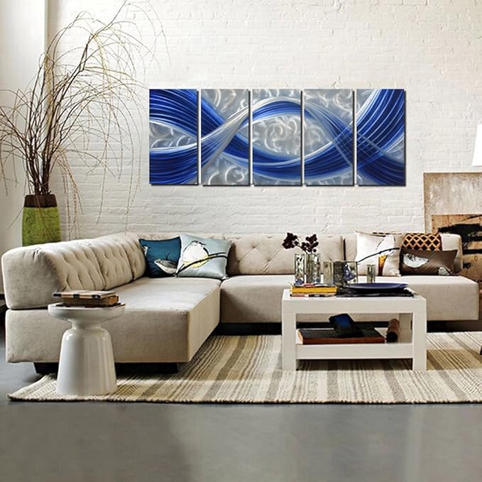 Metal Wall Sculpture with Dark Blue Line Silver Background, Aluminum Wall Art, Unique Metal Artwork, Abstract Metal Wall Art for Modern and Contemporary Decor, Indoor and Outdoor, 5-Panels 64" x 24"