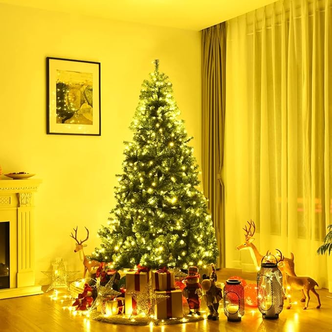 HAPPYGRILL 7FT Pre-lit Artificial Christmas Tree with 500 LED Lights, 1570 PVC Branch Tips and Foldable Base, Premium Spruce Tree Hinged Xmas Tree with 11 Color Modes for Holiday Decor