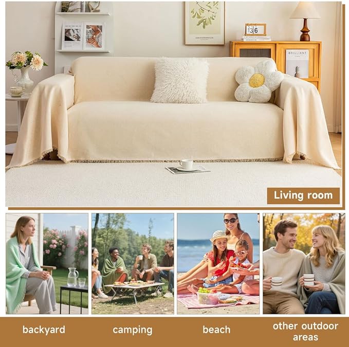 ROOMLIFE Boho Beige Couch Cover for Dogs, Washable Non Slip Furniture Protector Couch Sofa Covers for 3 Cushion Couch, Soft Breathable Sofa Slipcovers Couch Cover Throw Blanket with Tassels71''X118''
