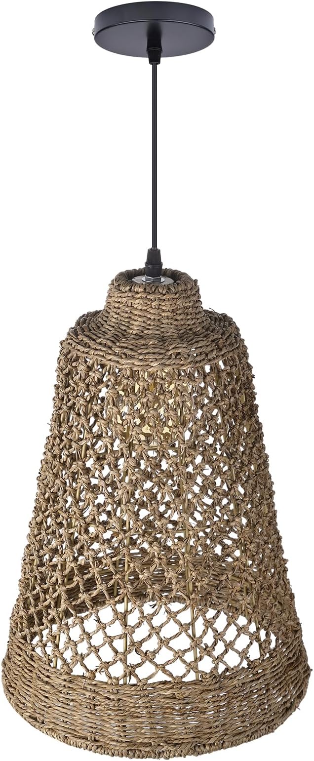 Arturesthome Wicker Pendant Light Fixture Basket Rattan Chandelier Handmade Pendant Lighting for Dining Table Restaurant Foyer D 11.8″* 15.7″