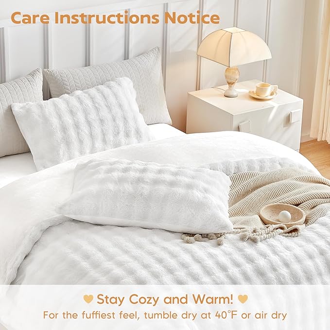 Tokokimo Fluffy Fleece King Size Duvet Cover Set, Ultra Soft Reversible Heavyweight Bedding Set, Extra Warm Winter Duvet Cover Set with 2 Pillow Cases, All Season Fuzzy Comforter Cover Set, White