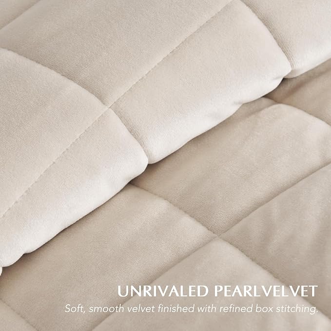EVERGRACE Pearl Velvet Quilt King Size Bedding Sets, Luxurious Soft Velvet Comforter Set, Lightweight Box Stitching Oversized Bedspread Coverlet for All Season, with 2 Shams, Birch