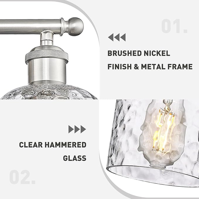 zeyu 6-Light Bathroom Wall Light Fixture, 42 Inch Modern Nickel Vanity Lighting Fixtures for Bedroom, Brushed Nickel Finish with Clear Hammered Glass, ZJF63B-6W BN