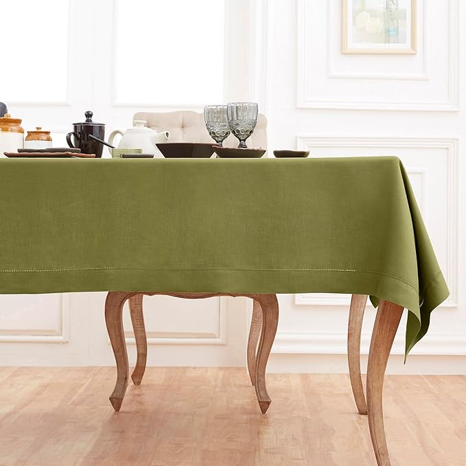 Solino Home Linen Tablecloth 60 x 90 Inch - Classic Hemstitch 100% Pure Linen Avocado Green Table Cloth for Rectangle Tables - Machine Washable Tablecloth for Fall, Autumn, Thanksgiving, Winter