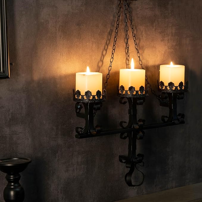 Black Wall Candle Sconces,3 Iron Candelabra,Gothic Victorian Decor,Rustic Wall Candle Holder for Bathroom,Living Room,Dining Room