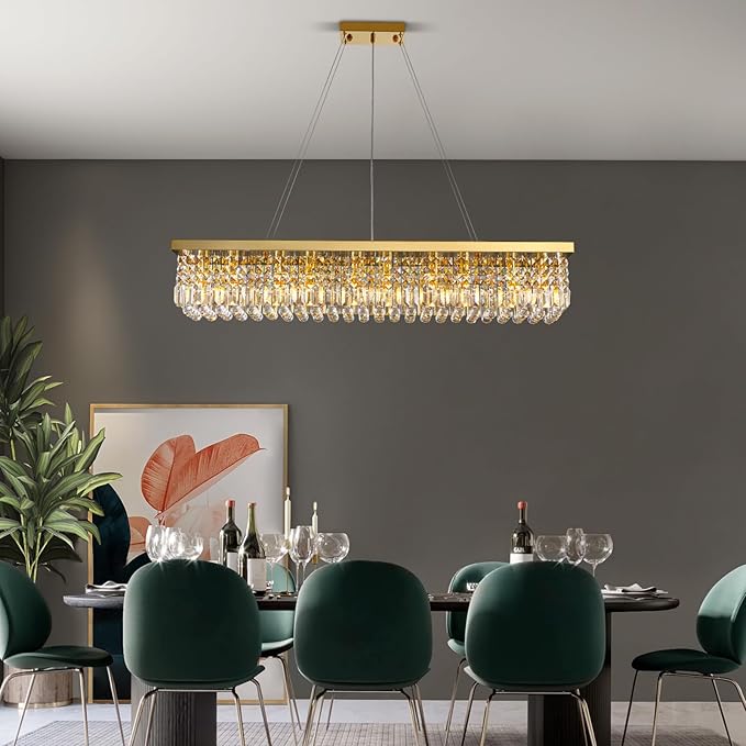 Siljoy 10-Light Modern Crystal Chandelier Gold Rectangular Crystal Raindrop Chandelier Luxury Large Rectangle Flush Mount Pendant Ceiling Light for Dining Room Kitchen Island Bar L47'' x W10'' x H10''
