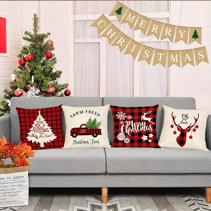 Neatee Living Christmas Pillow Covers 24x24 Set of 4 Red Xmas Vintage Throw Pillows Christmas Tree Deer Snowman Pillow Cases Outdoor Sofa Couch Cushion Covers for Home Decorations (24 by24)