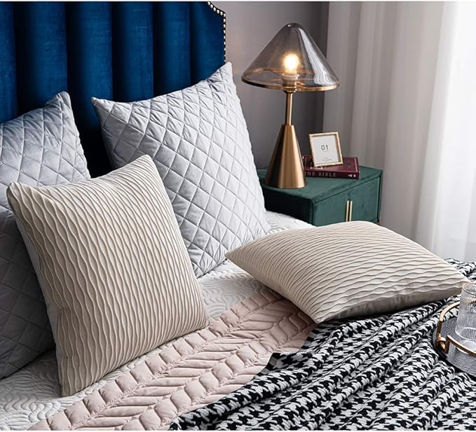 Ivory White Couch Pillow Covers: 2 Pack 20x20 Inch Original Striped Velvet Square Throw Pillow Cases for Farmhouse Home Decor