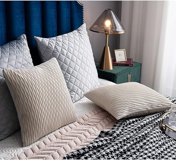 Ivory White Couch Pillow Covers: 2 Pack 18x18 Inch Original Striped Velvet Square Throw Pillow Cases for Farmhouse Home Decor