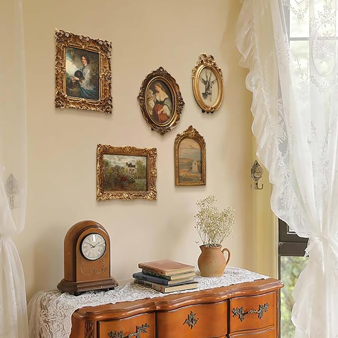 FOLKOR Canvas Wall Art with Vintage Gold Picture Frame, Countryside Village Landscape Posters Prints for Bedroom Dining Room Kitchen Decor, Retro Sunset Artwork for Home Office Gallery Wall, 5x7