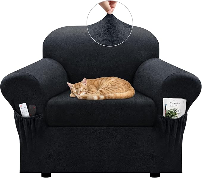Chair Slipcover with Armrest Pockets 2-Piece Set, Stretch Faux Leather Chair Cover for Armchairs(Fits 31-45") - Non-Slip, Machine Washable, Pet & Kid Friendly - Dark Gray