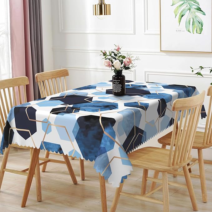 54x108inches Elegant Hexagons Tablecloth Blue White Gold Modern Geometric Abstract Art Fabric Table Cloth Marble Texture Waterproof Table Cover for Kitchen Dining Room Banquet Party Decor
