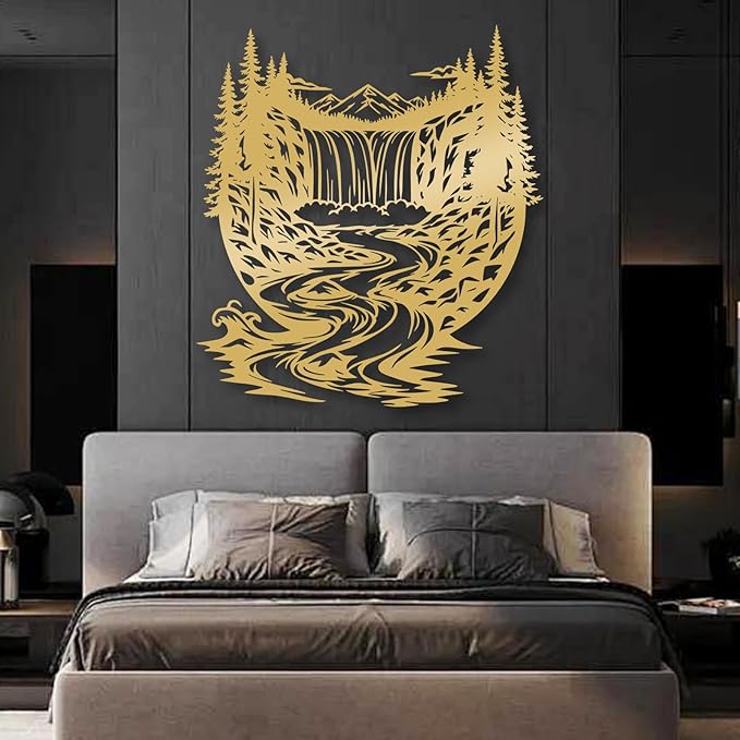 OZF Mountain Waterfall Forest Metal Wall Art, Rustic Wilderness Landscape Metal Wall Decor, Modern Nature Hanging Decor for Living Room Office, Cabin Themed Home Sculpture (White, 19 x 19 in | 47 x 47cm)