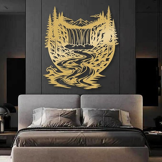 OZF Mountain Waterfall Forest Metal Wall Art, Rustic Wilderness Landscape Metal Wall Decor, Modern Nature Hanging Decor for Living Room Office, Cabin Themed Home Sculpture (Gold, 35 x 35 in | 90 x 90cm)