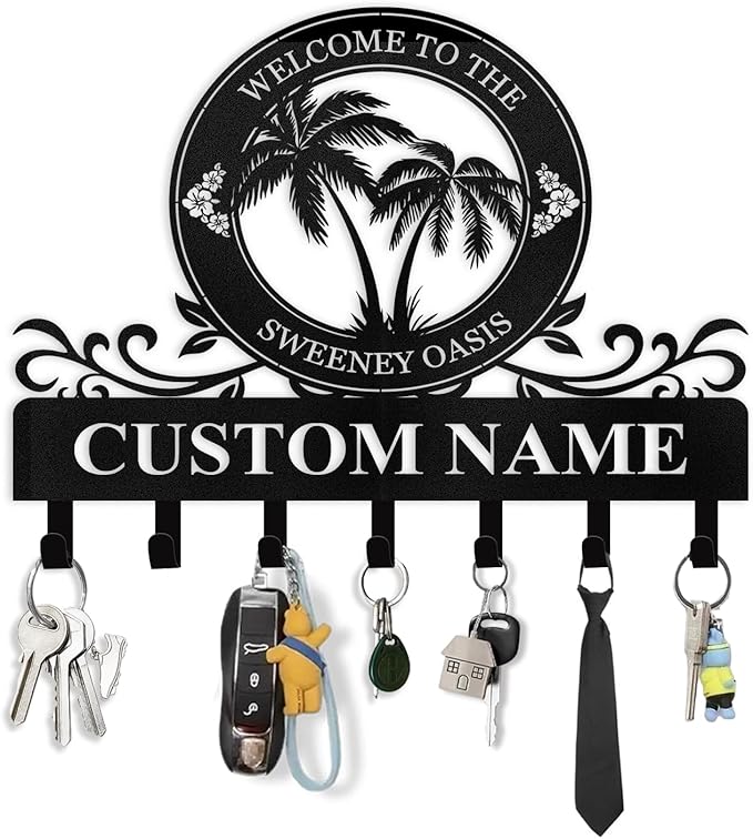 Personalized Key Holder for Wall - Beach Theme Coat Rack Wall Mount with Palm Tree Design, Metal Key Organizer with Hooks, Key Hanger Wall Decor for Front Door Kitchen Bathroom, Housewarming Gifts