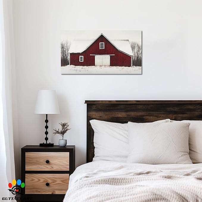 GUTTATY Christmas Winter Scene Canvas Wall Art, Red Barn Snowy Landscape Canvas Painting, Rustic Wall Decor Print for Holiday Living Room, Bedroom, Seasonal Wall Hanging Poster Picture, 40x20 Inch