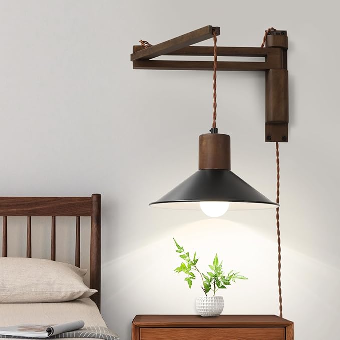 Wood Plug in Wall Sconces, Swing Arm Wall Lamp with Dimmable On Off Switch, Vintage Wall Mounted Light Fixture with Cord for Bedroom Nightstand Bedside Reading Lamp - Bulb Included