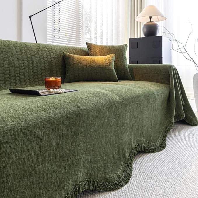 ROOMLIFE Green Couch Cover Sofa Covers, Chenille Couches Covers for 3 Cushion Sofas, Non Slip Soft Breathable Sofa Slipcovers for Pet, Washable Furniture Protector with Tassel,71''X134”