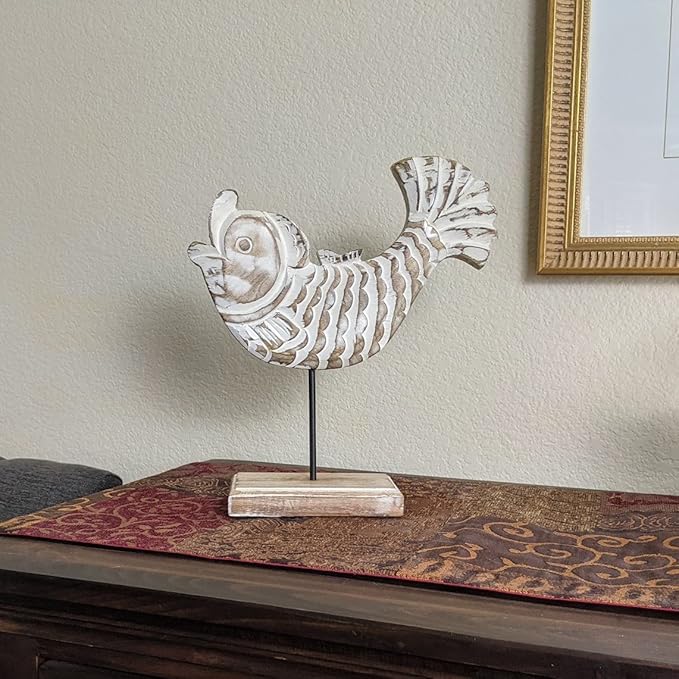 Farmhouse World Wooden Fish Home Decor | Handmade Fish Statue on Base Stand Sea Nautical Beach House Decor Art Piece | Rustic Table Decor for Office, Living Room (Koi Fish)
