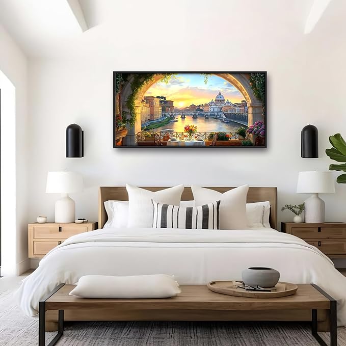 Tiber River in Rome Italy Large Wall Art Framed Wall Decor for Living Room, Cityscape Pictures Oversized Canvas Print Painting Modern Extra Large Framed Artwork for Bedroom Office Home Decor 60"x30"