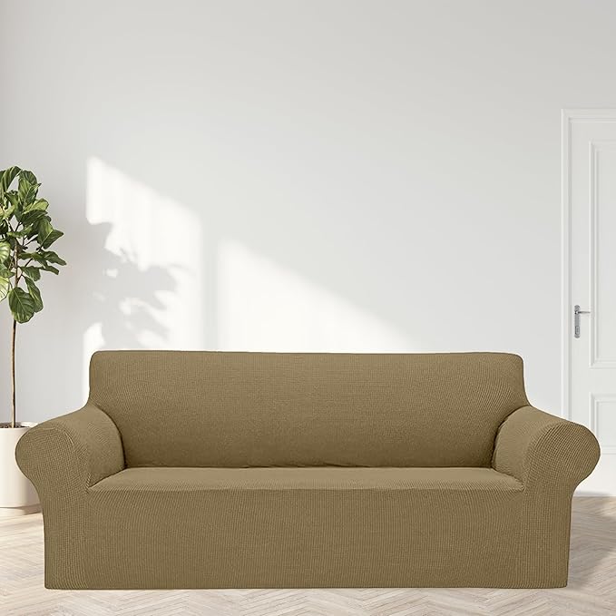 Cupuamon 2025 New Stretch Oversized Sofa Slipcovers Couch Sofa Cover for 4 Seater Furniture Protector Covers with Elastic Bottom Jacquard Fabric Small Checks for Pets, Kids - Tan