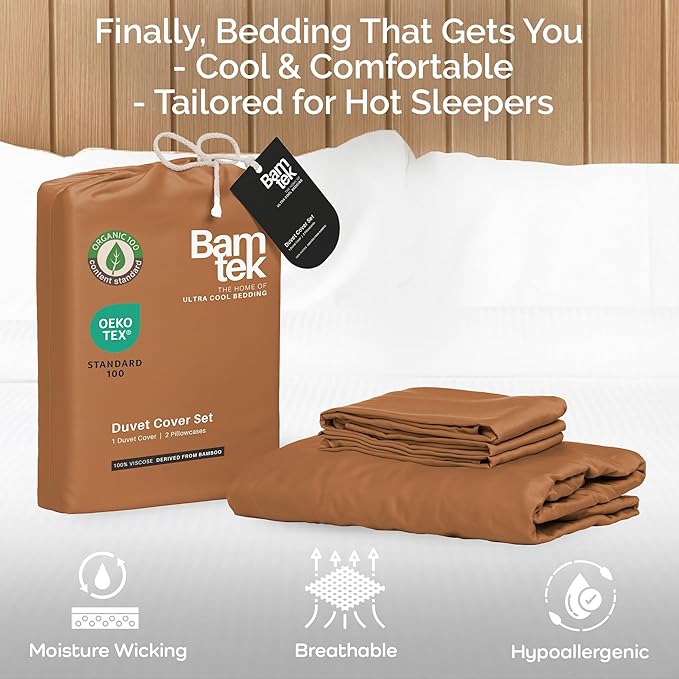 Duvet Cover Set - 100% Viscose Derived from Bamboo Duvet Cover Queen Size, 3 PC Luxury Cooling Duvet Cover for Hot Sleepers, Buttery Soft Comforter Cover & 2 PC Queen Pillowcases, Almond