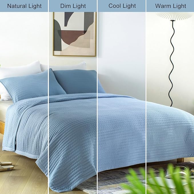 Oversized Queen Quilt Set – 102"x106" Soft Washed 3-Layer Lightweight Bedspread with Multi-Lock Quilting, Minimalist Nordic Bedding, All-Season Quilt Set for Spring & Summer, (1 Quilt + 2 Shams)Blue