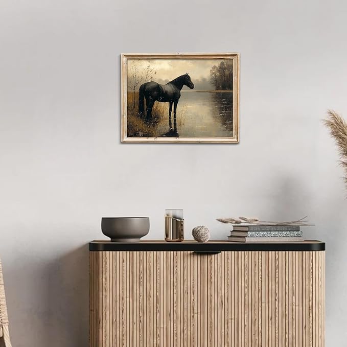 uniro Black Horse Vintage Wall Art Moody Landscape Prints Retro Wall Art Lake Dark Cottagecore Art Foggy Rustic Wall Decor DarkMoodyWallArt