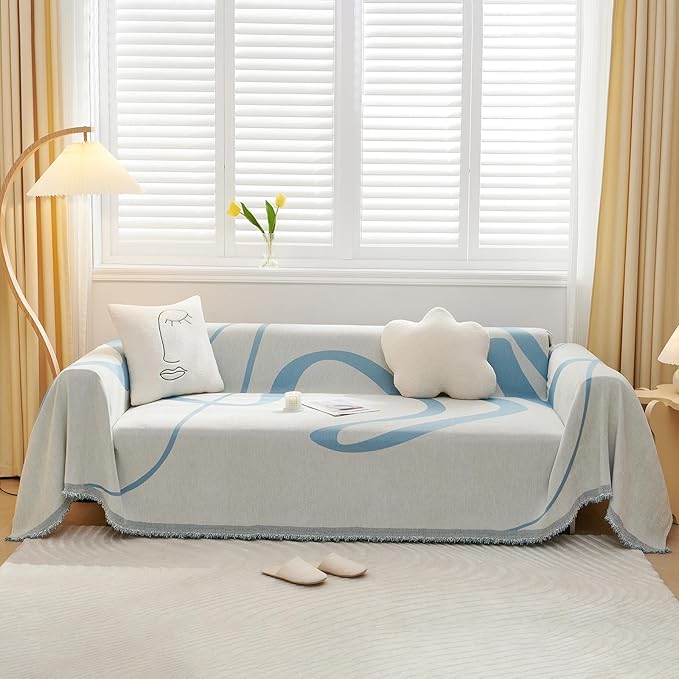 VClife Sofa Cover Washable Soft Plush Couch Cover for 3 Seat Cushion Couch Sofa (71''x134'') - Modern White Blue Striped Jacquard Sofa Cover Slipcover for Sectional Sofa Home Furniture Protector
