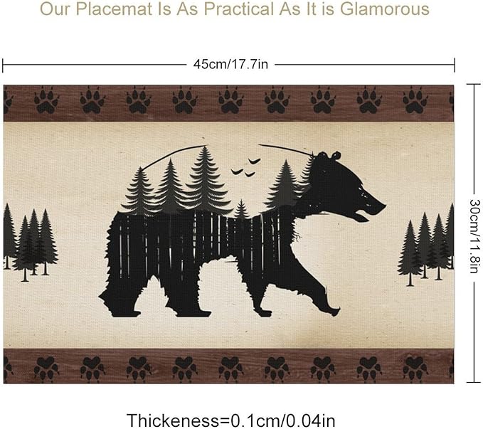 Retro Bear Placemat Set of 6, 12x18 Inch Rustic Brown Wildlife Animal Paw Print Forest Tree Farmhosue Cabin Country Lodge Coffee Table Mats for Outdoor Kitchen Dining Table Decoration