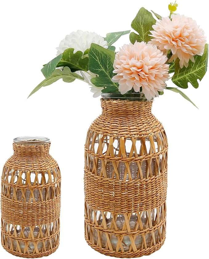 Straw Woven Glass Vase 6.29''x1.77''x3.15''Boho Glass Flower Vase Country Rustic Style Vase Glass Vase for Floral Arrangements Housewarming Party Home Decor (C Style 6.29IN)